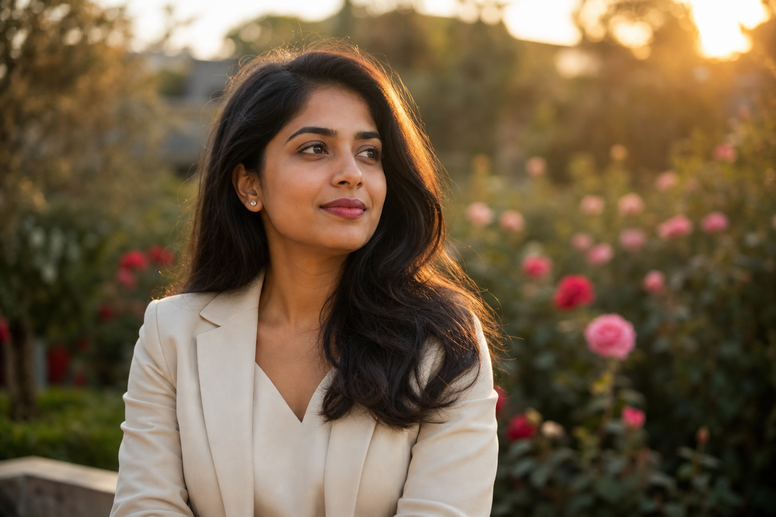 Women founder outdoors at golden hour